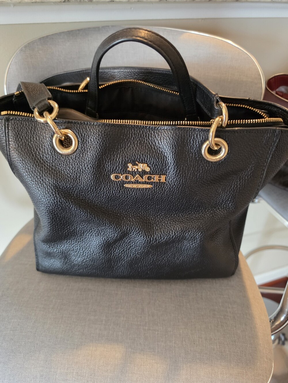 Coach Black Pebbled Leather Tote with Gold Accents-USED